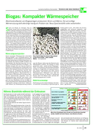Landwirtschaftliches Wochenblatt TECHNIK UND NEUE ENERGIE Biogas: Kompakter Wärmespeicher Blockheizkraftwerke von Biogasanlagen produzieren Strom und Wärme.
