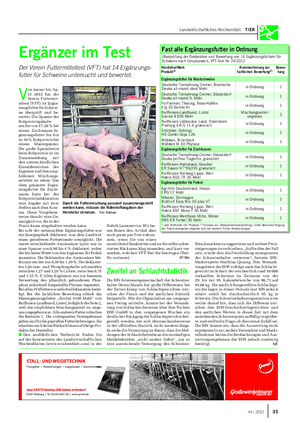 Landwirtschaftliches Wochenblatt TIER Ergänzer im Test Der Verein Futtermitteltest (VFT) hat 14 Ergänzungs- futter für Schweine untersucht und bewertet.