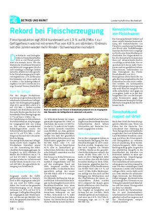 BETRIEB UND MARKT Landwirtschaftliches Wochenblatt Rekord bei Fleischerzeugung Fleischproduktion legt 2014 bundesweit um 1,3 % auf 8,2 Mio.