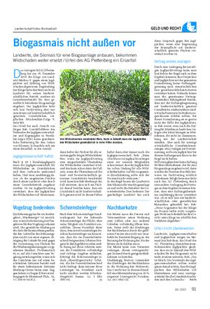 Landwirtschaftliches Wochenblatt GELD UND RECHT Biogasmais nicht außen vor Landwirte, die Silomais für eine Biogasanlage anbauen, bekommen Wildschaden weiter ersetzt / Urteil des AG Plettenberg ein Einzelfall D as Amtsgericht (AG) Pletten- berg hat am 15.