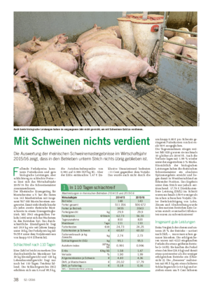 Wochenblatt für Landwirtschaft und LandlebenTIER Mit Schweinen nichts verdient Die Auswertung der rheinischen Schweinemastergebnisse im Wirtschaftsjahr 2015/16 zeigt, dass in den Betrieben unterm Strich nichts übrig geblieben ist.