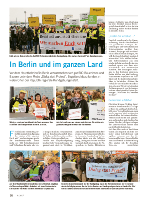 BETRIEB UND MARKT In Berlin und im ganzen Land Vor dem Hauptbahnhof in Berlin versammelten sich gut 500 Bäuerinnen und Bauern unter dem Motto „Dialog statt Protest“.