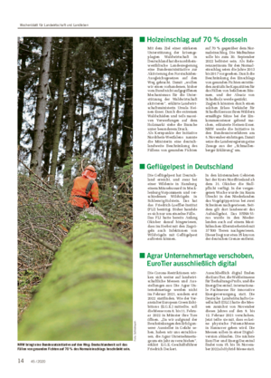 ■ Holzeinschlag auf 70 % drosseln Mit dem Ziel einer stärkeren Unterstützung der krisenge- plagten Waldwirtschaft in Deutschland hat die nordrhein- westfälische Landesregierung eine Bundesratsinitiative zur Aktivierung des Forstschäden- Ausgleichsgesetzes auf den Weg gebracht.