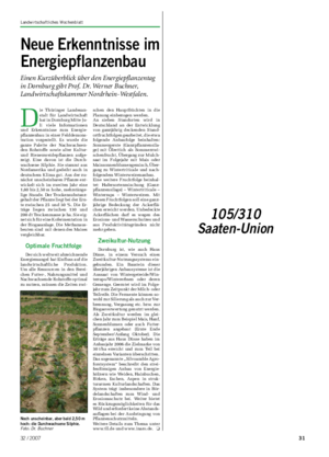Landwirtschaftliches Wochenblatt 105/310 Saaten-Union Neue Erkenntnisse im Energiepflanzenbau Einen Kurzüberblick über den Energiepflanzentag in Dornburg gibt Prof.