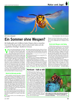 Landwirtschaftliches Wochenblatt Natur und Jagd V on einer Wespenplage kann in diesem Jahr wahrlich keine Rede sein, ganz im Gegenteil: Vielerorts fehlen Wes- pen völlig.