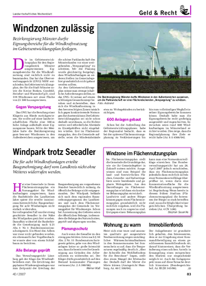 Landwirtschaftliches Wochenblatt Geld & Recht Windzonen zulässig Bezirksregierung Münster durfte Eignungsbereiche für die Windkraftnutzung im Gebietsentwicklungsplan festlegen.