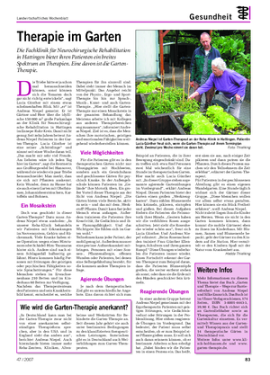 Landwirtschaftliches Wochenblatt Gesundheit Therapie im Garten Die Fachklinik für Neurochirurgische Rehabilitation in Hattingen bietet ihren Patienten ein breites Spektrum an Therapien.