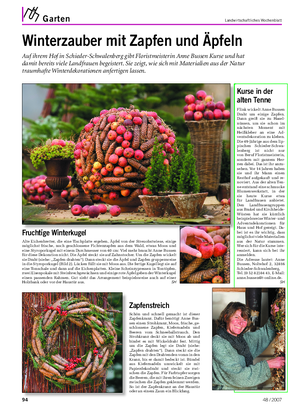 Garten Landwirtschaftliches Wochenblatt Winterzauber mit Zapfen und Äpfeln Auf ihrem Hof in Schieder-Schwalenberg gibt Floristmeisterin Anne Bussen Kurse und hat damit bereits viele Landfrauen begeistert.