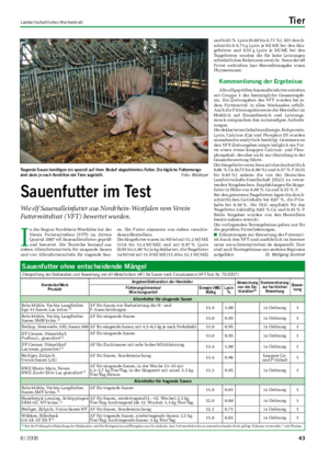 Landwirtschaftliches Wochenblatt Tier I n der Region Nordrhein-Westfalen hat der Verein Futtermitteltest (VFT) im dritten Quartal 2007 elf Sauenalleinfutter geprüft und bewertet.