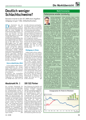 Landwirtschaftliches Wochenblatt Die Marktübersicht In den vergangenen Wochen kam Opti- mismus auf: Der Ferkelabsatz lief in einigen Regionen Deutschlands deut- lich besser.