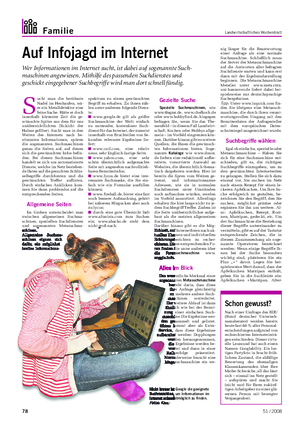 Familie Landwirtschaftliches Wochenblatt Auf Infojagd im Internet Wer Informationen im Internet sucht, ist dabei auf sogenannte Such- maschinen angewiesen.
