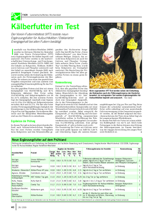 TIER Landwirtschaftliches Wochenblatt I nnerhalb von Nordrhein-Westfalen (NRW) wurden im Zeitraum Oktober bis Dezember 2008 vom Verein Futtermitteltest (VFT) neun Ergänzungsfutter für Kälber beprobt und analysiert.
