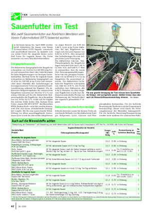 TIER Landwirtschaftliches Wochenblatt Sauenfutter im Test Wie zwölf Sauenalleinfutter aus Nordrhein-Westfalen vom Verein Futtermitteltest (VFT) bewertet wurden.