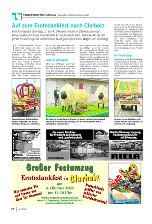 SONDERVERÖFFENTLICHUNG Landwirtschaftliches Wochenblatt 78 40 / 2009 Auf zum Erntedankfest nach Clarholz Von Freitag bis Sonntag, 2.