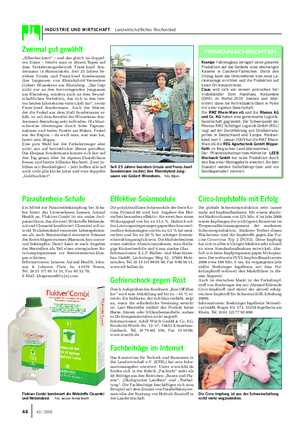 INDUSTRIE UND WIRTSCHAFT Landwirtschaftliches Wochenblatt Parasitenfreie Schafe Ein Mittel zur Parasitenbekämpfung bei Scha- fen bietet das Unternehmen Janssen Animal Health an.