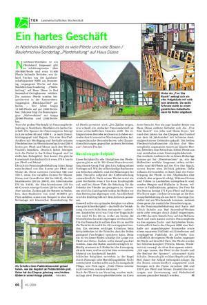 TIER Landwirtschaftliches Wochenblatt Ein hartes Geschäft In Nordrhein-Westfalen gibt es viele Pferde und viele Boxen / Baulehrschau-Sondertag „Pferdehaltung“ auf Haus Düsse N ordrhein-Westfalen ist ein Pferdeland.