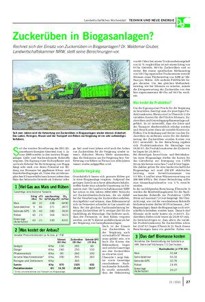 Landwirtschaftliches Wochenblatt TECHNIK UND NEUE ENERGIE Zuckerüben in Biogasanlagen?