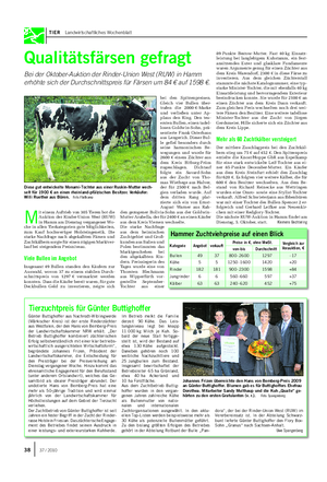 TIER Landwirtschaftliches Wochenblatt Qualitätsfärsen gefragt Bei der Oktober-Auktion der Rinder-Union West (RUW) in Hamm erhöhte sich der Durchschnittspreis für Färsen um 84 € auf 1598 €.