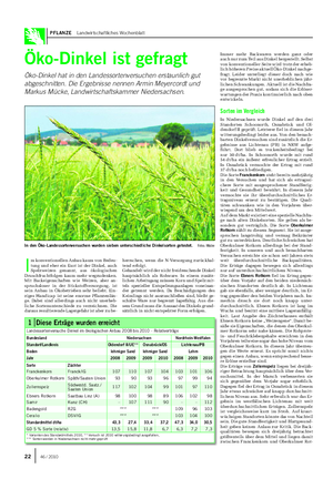 PFLANZE Landwirtschaftliches Wochenblatt Öko-Dinkel ist gefragt Öko-Dinkel hat in den Landessortenversuchen erstaunlich gut abgeschnitten.