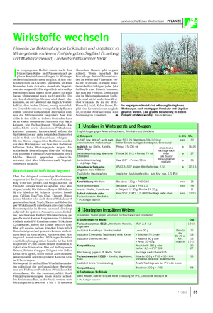 Landwirtschaftliches Wochenblatt PFLANZE Wirkstoffe wechseln Hinweise zur Bekämpfung von Unkräutern und Ungräsern in Wintergetreide in diesem Frühjahr geben Siegfried Eickelberg und Martin Grünewald, Landwirtschaftskammer NRW.