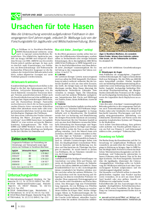 NATUR UND JAGD Landwirtschaftliches Wochenblatt Ursachen für tote Hasen Was die Untersuchung verendet aufgefundener Feldhasen in den vergangenen fünf Jahren ergab, erläutert Dr.