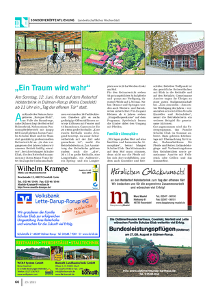 SONDERVERÖFFENTLICHUNG Landwirtschaftliches Wochenblatt A m Rande des Naturschutz- gebietes „Roruper Holz“, am Fuße der Baumberge, nahe Dülmen liegt der Reiterhof Holsterbrink.