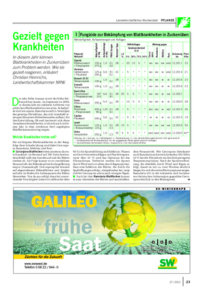 Landwirtschaftliches Wochenblatt PFLANZE D ie sehr frühe Aussaat sowie der frühe Rei- henschluss lassen, im Gegensatz zu 2010, in diesem Jahr ein stärkeres Auftreten von pilzlichen Blattkrankheiten erwarten.