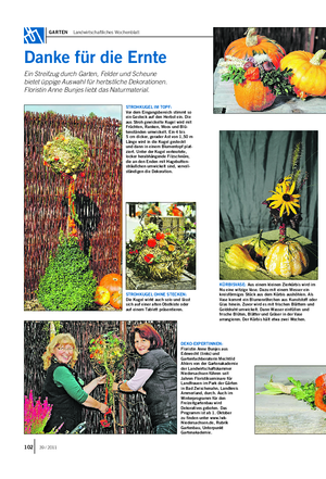 GARTEN Landwirtschaftliches Wochenblatt Danke für die Ernte Ein Streifzug durch Garten, Felder und Scheune bietet üppige Auswahl für herbstliche Dekorationen.
