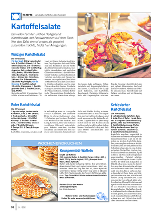 REZEPTE Landwirtschaftliches Wochenblatt Kartoffelsalate Bei vielen Familien stehen Heiligabend Kartoffelsalat und Bockwürstchen auf dem Tisch.