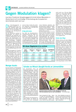 AKTUELLES Landwirtschaftliches Wochenblatt D as Verwaltungsgericht in Frankfurt (Oder) hat in ei- nem Verfahren gegen den Prämienbescheid des Jahres 2009 Zweifel, ob die Vorschriften zur Modulation der Betriebsprämien rechtmäßig sind.