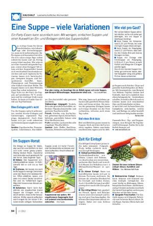 HAUSHALT Landwirtschaftliches Wochenblatt Eine Suppe – viele Variationen Ein Party-Essen kann so einfach sein: Mit wenigen, einfachen Suppen und einer Auswahl an Ein- und Beilagen steht das Suppenbüfett.
