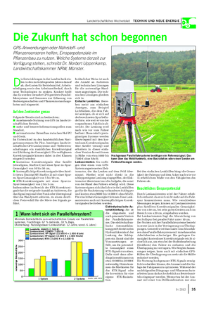 Landwirtschaftliches Wochenblatt TECHNIK UND NEUE ENERGIE Die Zukunft hat schon begonnen GPS-Anwendungen oder Nährstoff- und Pflanzensensoren helfen, Einsparpotenziale im Pflanzenbau zu nutzen.