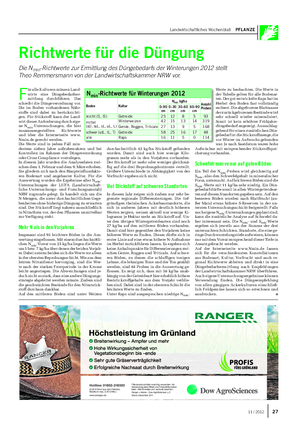 Landwirtschaftliches Wochenblatt PFLANZE Richtwerte für die Düngung Die Nmin-Richtwerte zur Ermittlung des Düngebedarfs der Winterungen 2012 stellt Theo Remmersmann von der Landwirtschaftskammer NRW vor.