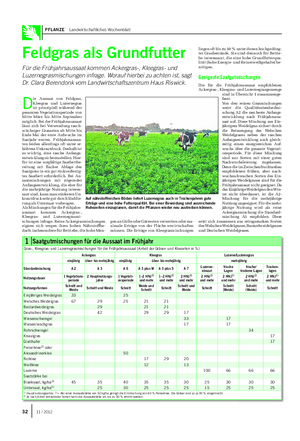 PFLANZE Landwirtschaftliches Wochenblatt D ie Aussaat von Feldgras, Kleegras und Luzernegras ist prinzipiell während der gesamten Vegetationsperiode von Mitte März bis Mitte September möglich.
