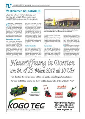 Sonderveröffentlichung  Landwirtschaftliches Wochenblatt 23 / 2012 O ptimale Verkaufsbedin- gungen findet das Dorste- ner Unternehmen KOGO- TEC in der neuen Niederlassung an der Hervester Str.