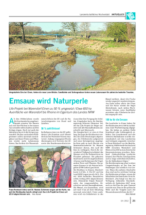 Landwirtschaftliches Wochenblatt AKTUELLES Emsaue wird Naturperle Life-Projekt bei Warendorf-Einen zu 50 % umgesetzt / Etwa 650 ha Auenfläche von Warendorf bis Rheine im Eigentum des Landes NRW A b den 1930er-Jahren wurde die Ems kanalartig ausgebaut.