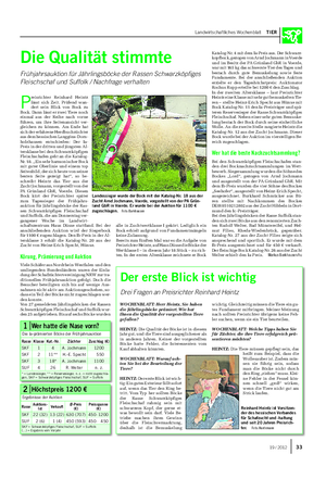 Landwirtschaftliches Wochenblatt TIER Die Qualität stimmte Frühjahrsauktion für Jährlingsböcke der Rassen Schwarzköpfiges Fleischschaf und Suffolk / Nachfrage verhalten P reisrichter Reinhard Heintz lässt sich Zeit.