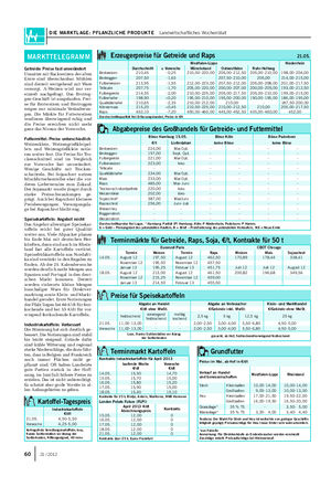 DIE MARKTLAGE: PFLANZLICHE PRODUKTE Landwirtschaftliches Wochenblatt 60 21 / 2012 Getreide: Preise fast unverändert Umsätze mit Backweizen der alten Ernte sind überschaubar.