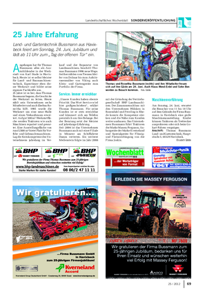 Landwirtschaftliches Wochenblatt SONDERVERÖFFENTLICHUNG 6925 / 2012 25 Jahre Erfahrung Land- und Gartentechnik Bussmann aus Havix- beck feiert am Sonntag, 24.