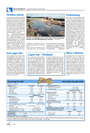 GELD UND RECHT Landwirtschaftliches Wochenblatt Kiesabbau zulässig Eine Kommune in Rheinland-Pfalz hatte ihren Flächennutzungsplan geändert und darin für ein be- stimmtes Gebiet eine Konzentrati- onsfläche für den Kiesabbau fest- gesetzt.