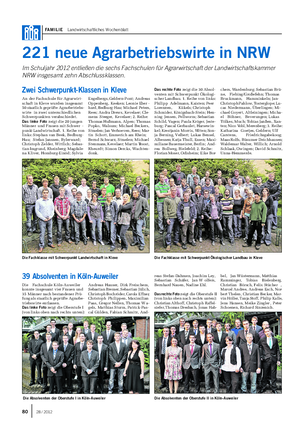 FAMILIE Landwirtschaftliches Wochenblatt 221 neue Agrarbetriebswirte in NRW Im Schuljahr 2012 entließen die sechs Fachschulen für Agrarwirtschaft der Landwirtschaftskammer NRW insgesamt zehn Abschlussklassen.