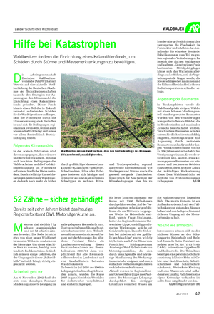 Landwirtschaftliches Wochenblatt WALDBAUER D ie Arbeitsgemeinschaft Deutscher Waldbesitzer- verbände (AGDW) hat mit Verweis auf eine aktuelle Veröf- fentlichungderDeutschenAkade- mie der Technikwissenschaften (acatech) über Strategien zur An- passung an den Klimawandel die Einrichtung eines Kalamitäten- fonds gefordert.