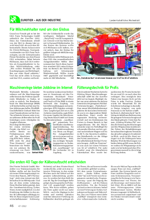 EUROTIER – AUS DER INDUSTRIE Landwirtschaftliches Wochenblatt Für Milchviehhalter rund um den Globus Grund zur Freude gab es bei der GEA Farm Technologies GmbH anlässlich der EuroTier 2012.