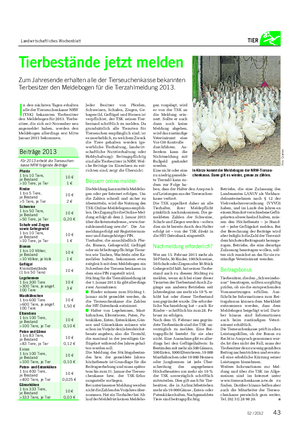 Landwirtschaftliches Wochenblatt TIER Tierbestände jetzt melden Zum Jahresende erhalten alle der Tierseuchenkasse bekannten Tierbesitzer den Meldebogen für die Tierzahlmeldung 2013.