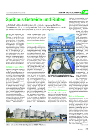 Landwirtschaftliches Wochenblatt TECHNIK UND NEUE ENERGIE Sprit aus Getreide und Rüben In Zeitz betreibt die CropEnergies AG eines der europaweit größten Ethanolwerke.