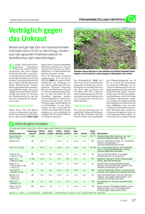 Landwirtschaftliches Wochenblatt FRÜHJAHRSBESTELLUNG KARTOFFELN N iedrige Durchschnittstem- peraturen verhinderten 2012 eine rasche Knollen- entwicklung und einen zügigen Auflauf der Kartoffel.