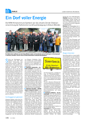 FAMILIE Landwirtschaftliches Wochenblatt Ein Dorf voller Energie Die NRW-Klimakommune Saerbeck war das aktuelle Ziel der Diözesan- versammlung der Katholischen Landfrauenbewegung im Bistum Münster.