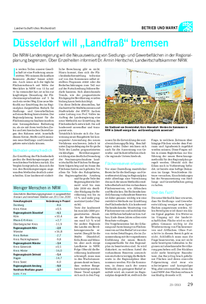 Landwirtschaftliches Wochenblatt BETRIEB UND MARKT Düsseldorf will „Landfraß“ bremsen Die NRW-Landesregierung will die Neuausweisung von Siedlungs- und Gewerbeflächen in der Regional- planung begrenzen.