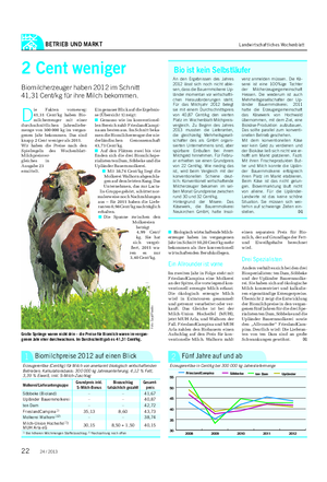BETRIEB UND MARKT Landwirtschaftliches Wochenblatt 2 Cent weniger Biomilcherzeuger haben 2012 im Schnitt 41,31 Cent/kg für ihre Milch bekommen.