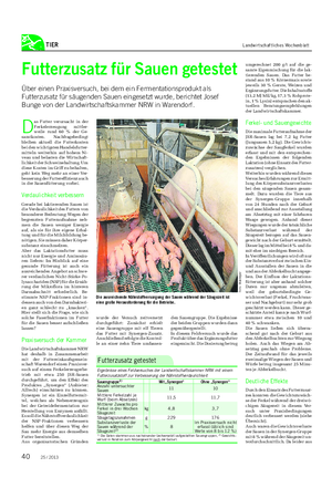 TIER Landwirtschaftliches Wochenblatt Futterzusatz für Sauen getestet Über einen Praxisversuch, bei dem ein Fermentationsprodukt als Futterzusatz für säugenden Sauen eingesetzt wurde, berichtet Josef Bunge von der Landwirtschaftskammer NRW in Warendorf.